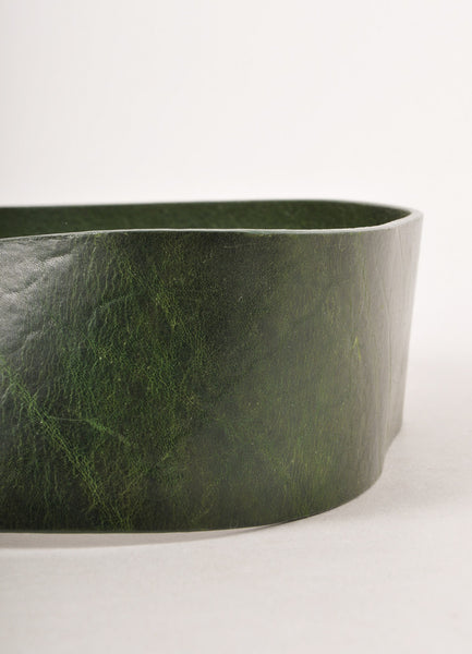 Green Leather Wide Belt With Textured Silver Toned Floral Buckle