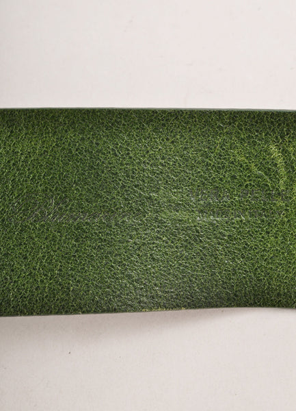 Green Leather Wide Belt With Textured Silver Toned Floral Buckle