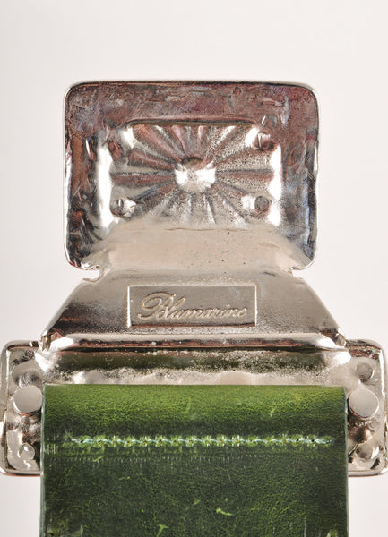 Green Leather Wide Belt With Textured Silver Toned Floral Buckle