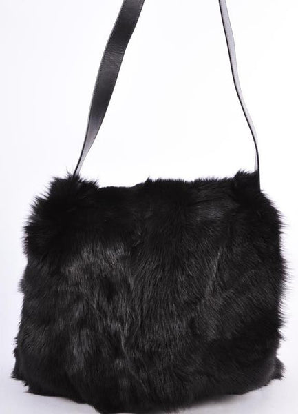 Black Fur and Leather Reversible Flap Crossbody Bag