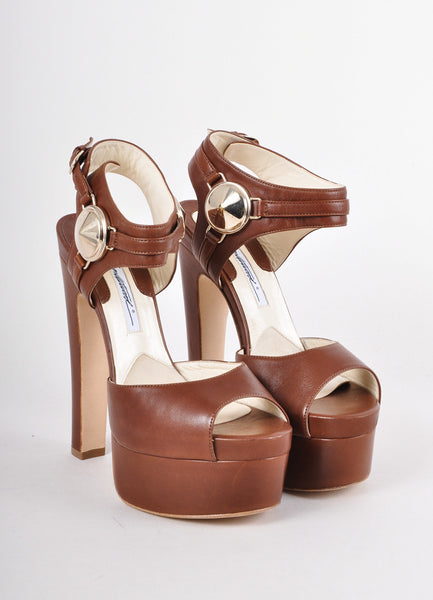 New Brown and Gold Leather Peep Toe Platform Pumps