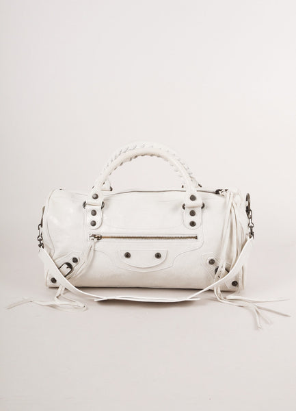 White Leather City Tote With Shoulder Strap