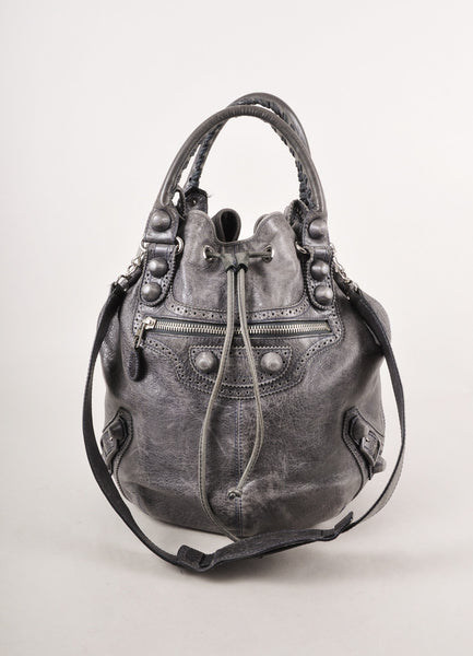 Grey "Arena Giant Covered Pompon" Leather Bucket Bag