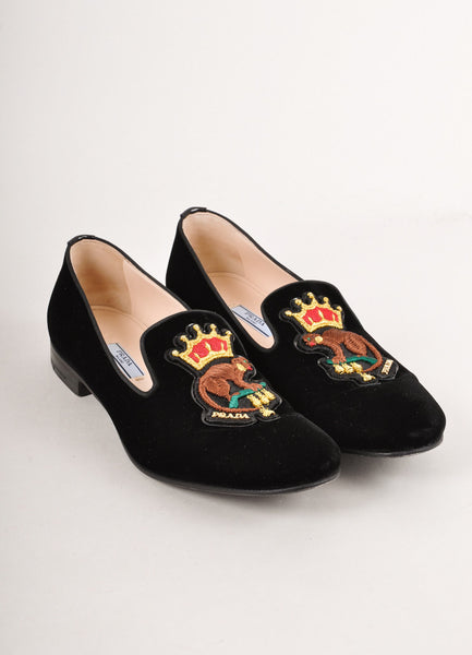 Black Velvet Monkey Embroidered Smoking Slippers