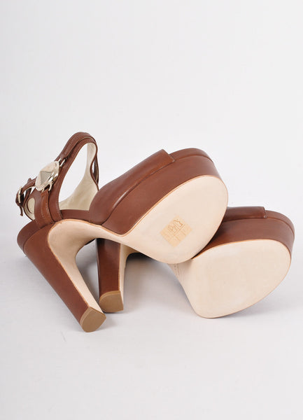 New Brown and Gold Leather Peep Toe Platform Pumps