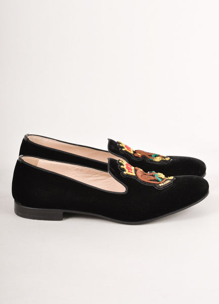 Black Velvet Monkey Embroidered Smoking Slippers