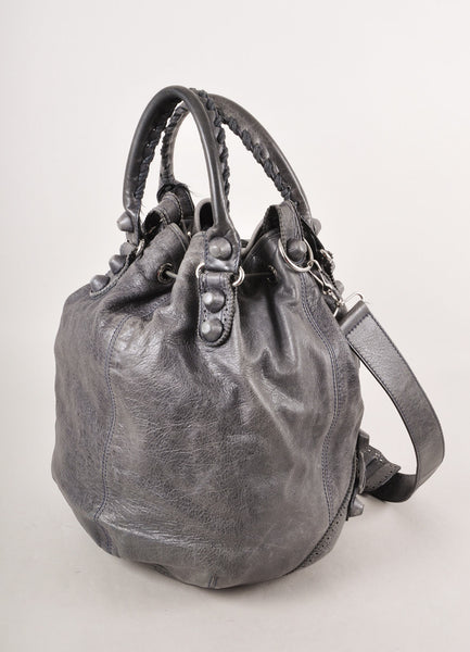 Grey "Arena Giant Covered Pompon" Leather Bucket Bag