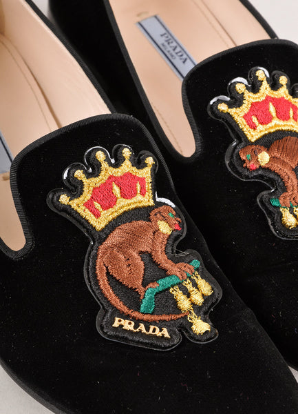 Black Velvet Monkey Embroidered Smoking Slippers