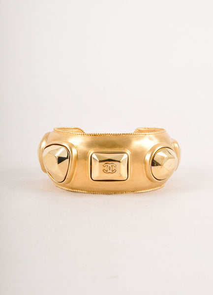 Gold Toned Chunky Studded "CC" Logo Metal Cuff Bracelet