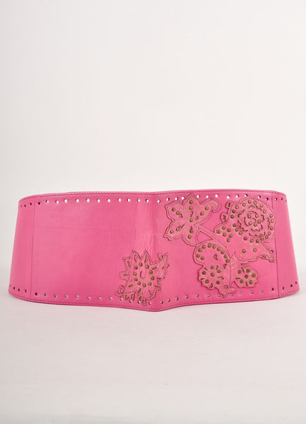 Pink Leather Floral and Cut Out Embellished Tie Belt With Fringe Details