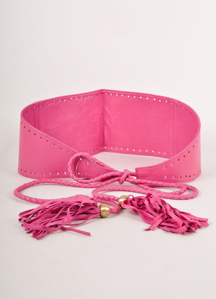 Pink Leather Floral and Cut Out Embellished Tie Belt With Fringe Details