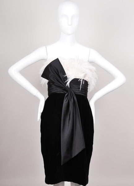 Black and White Feather Trim Velvet and Silk Strapless Cocktail Dress