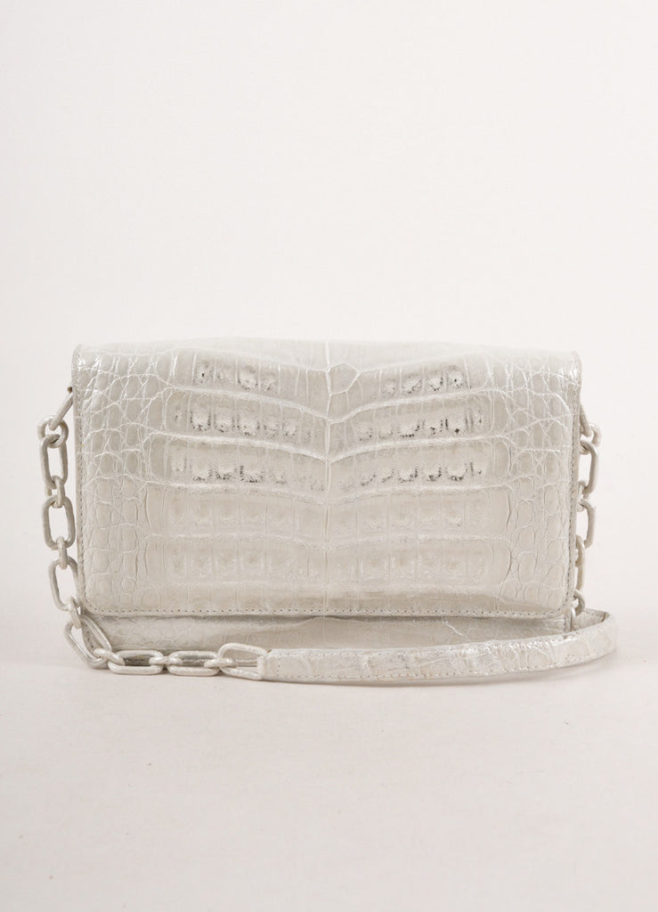 Silver Metallic Reptile Leather Clutch With Crossbody Strap