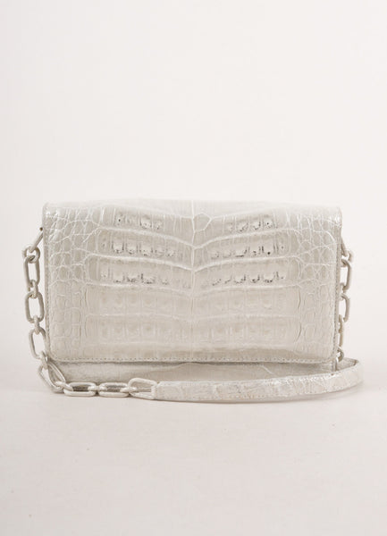 Silver Metallic Reptile Leather Clutch With Crossbody Strap