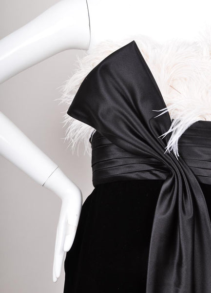 Black and White Feather Trim Velvet and Silk Strapless Cocktail Dress