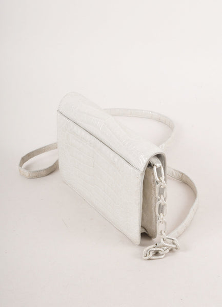 Silver Metallic Reptile Leather Clutch With Crossbody Strap