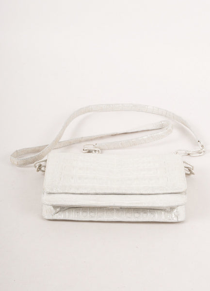 Silver Metallic Reptile Leather Clutch With Crossbody Strap