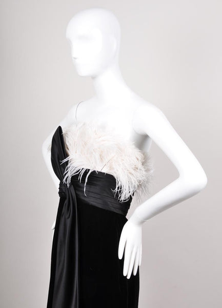 Black and White Feather Trim Velvet and Silk Strapless Cocktail Dress