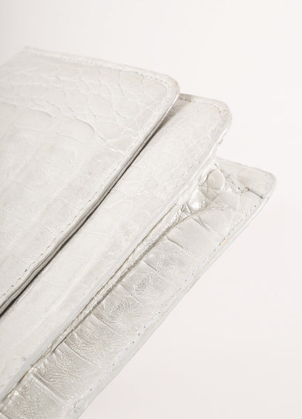Silver Metallic Reptile Leather Clutch With Crossbody Strap