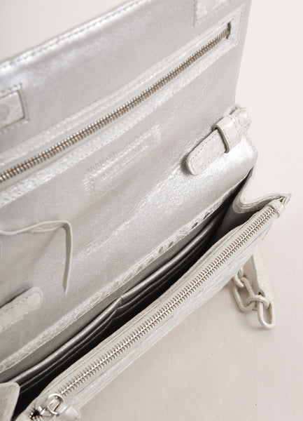Silver Metallic Reptile Leather Clutch With Crossbody Strap