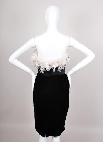 Black and White Feather Trim Velvet and Silk Strapless Cocktail Dress