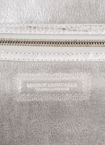 Silver Metallic Reptile Leather Clutch With Crossbody Strap
