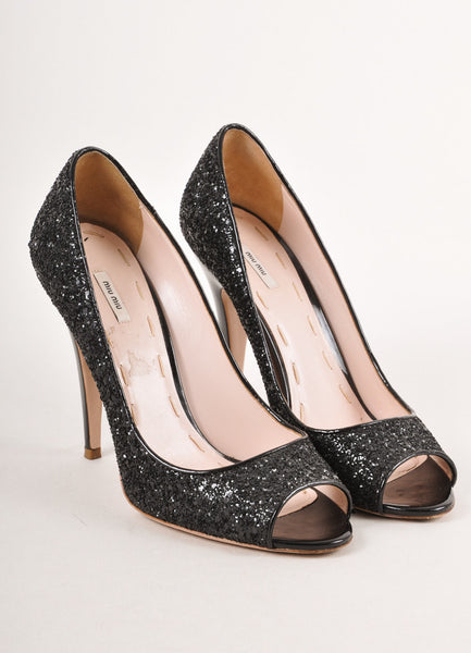 Black Leather Glitter Peep Toe Pumps