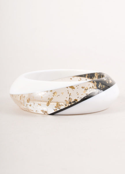 Vintage White, Black, and Clear Lucite Bangle with Gold Toned Flecks