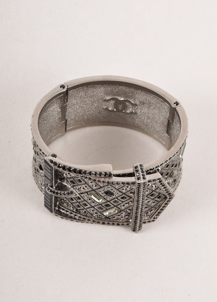 Dark Grey and Black Rhinestone Embellished Buckle Metal Cuff Bracelet