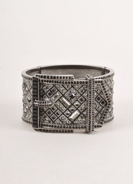 Dark Grey and Black Rhinestone Embellished Buckle Metal Cuff Bracelet