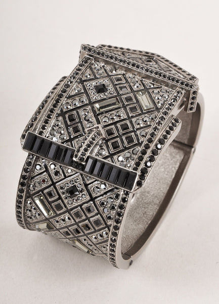 Dark Grey and Black Rhinestone Embellished Buckle Metal Cuff Bracelet