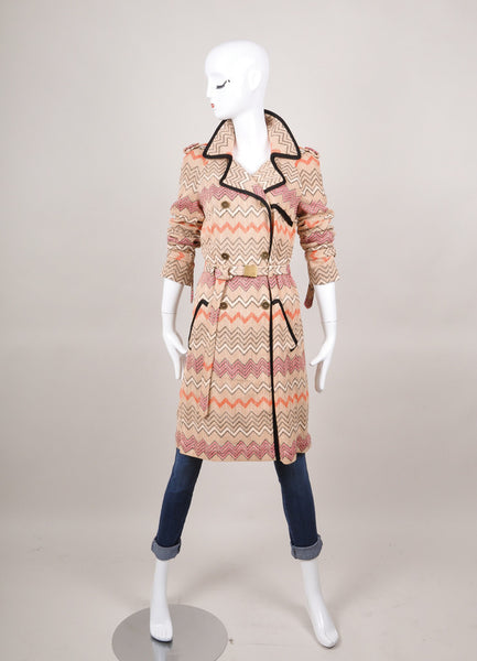 Black, Tan, and Pink Zig Zag Knit Belted Coat