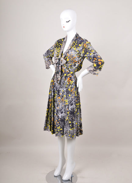 New With Tags Multicolor Floral Print Long Sleeve Silk Wrap Dress