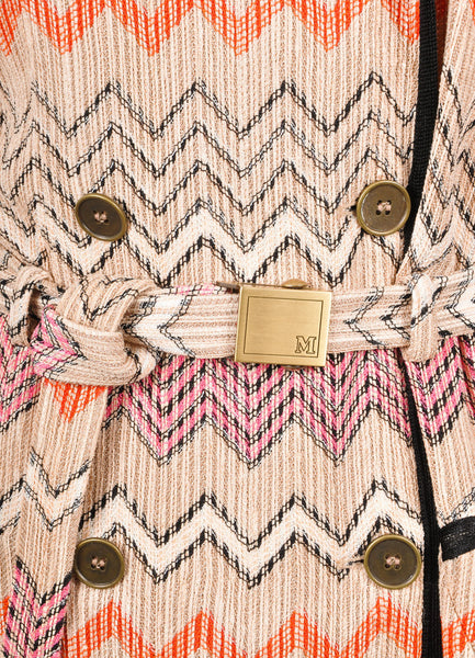 Black, Tan, and Pink Zig Zag Knit Belted Coat