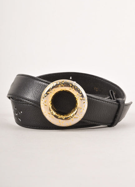 Black Leather Star Cut Out Belt With Gold Toned Circle Buckle