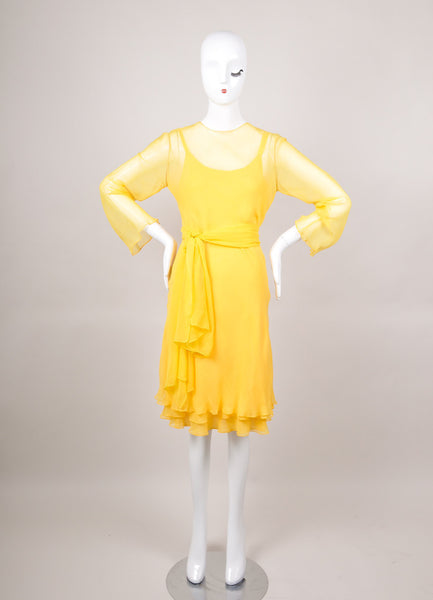 Yellow Three Piece Slip Dress And Overlay With Scarf