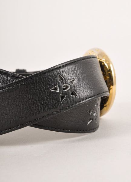 Black Leather Star Cut Out Belt With Gold Toned Circle Buckle