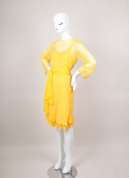 Yellow Three Piece Slip Dress And Overlay With Scarf