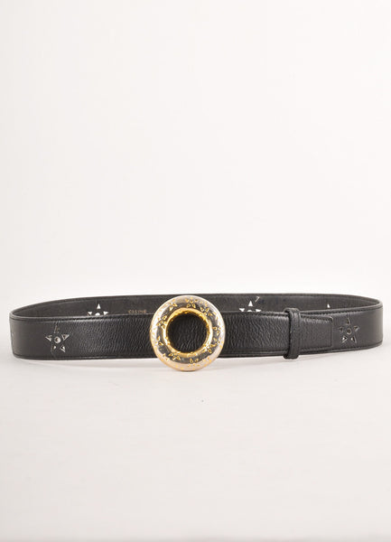 Black Leather Star Cut Out Belt With Gold Toned Circle Buckle