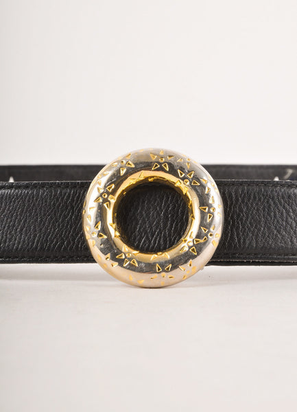 Black Leather Star Cut Out Belt With Gold Toned Circle Buckle