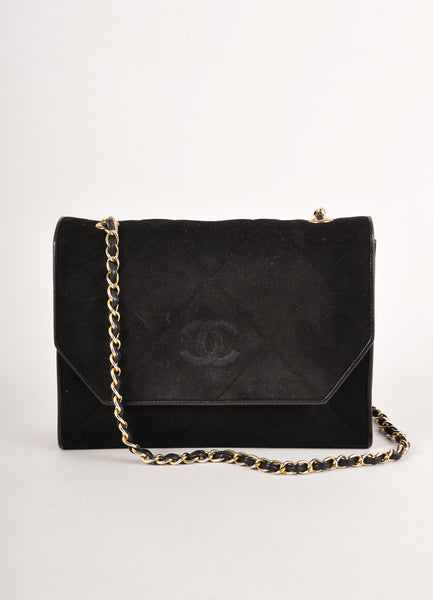 Black and Silver Quilted Suede "CC" Chain Strap Shoulder Bag