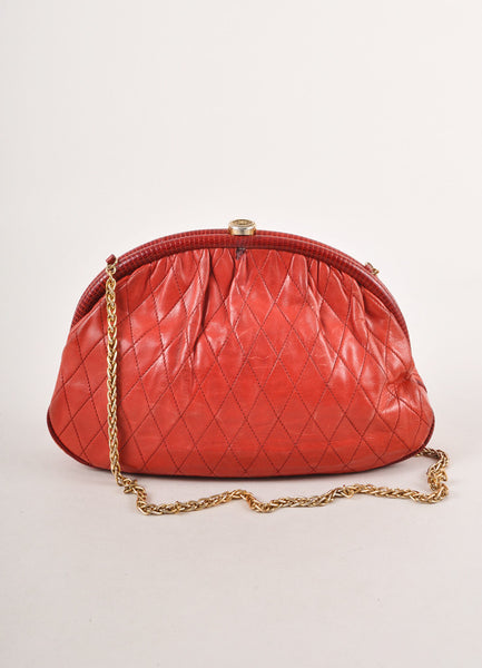 Red Quilted Leather Clutch With Told Toned Chain Strap