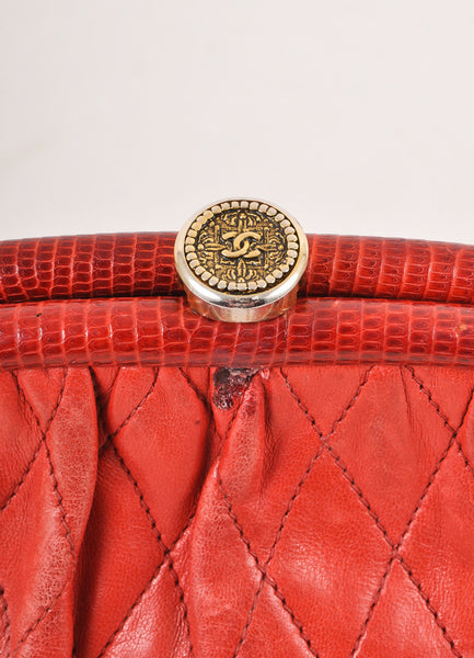 Red Quilted Leather Clutch With Told Toned Chain Strap