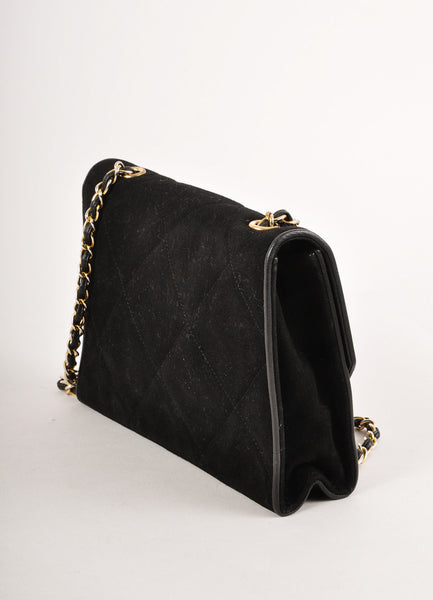 Black and Silver Quilted Suede "CC" Chain Strap Shoulder Bag