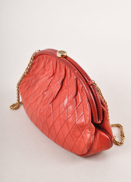 Red Quilted Leather Clutch With Told Toned Chain Strap