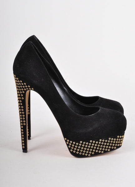 New Black and Gold Suede Studded Pumps