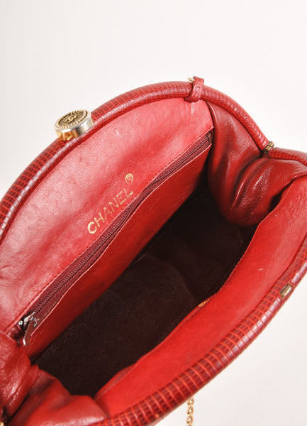 Red Quilted Leather Clutch With Told Toned Chain Strap