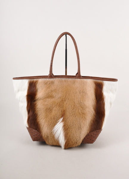 Brown and White Ostrich Leather and Springbok Hair "Nina" Box Tote Bag