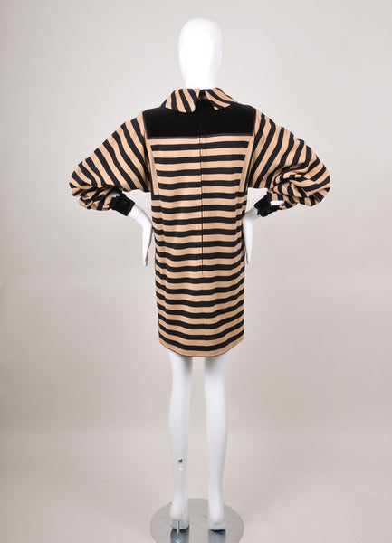 Navy and Tan Wool Striped Long Sleeve Dress