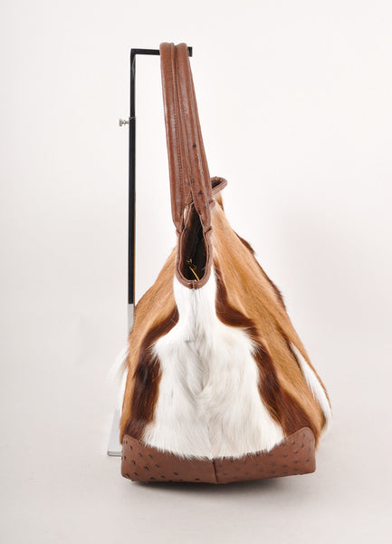 Brown and White Ostrich Leather and Springbok Hair "Nina" Box Tote Bag